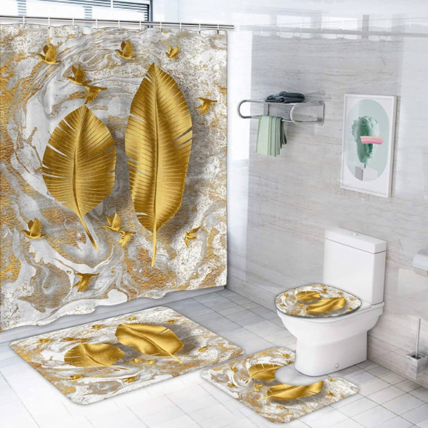 Set 4 pièces tapis de salle de bain + rideau motif feuilles de
